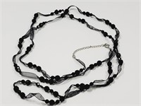 Black Beaded Ribbon Necklace 60"