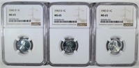 (3) 1943-D LINCOLN "STEEL" CENTS, NGC MS-65