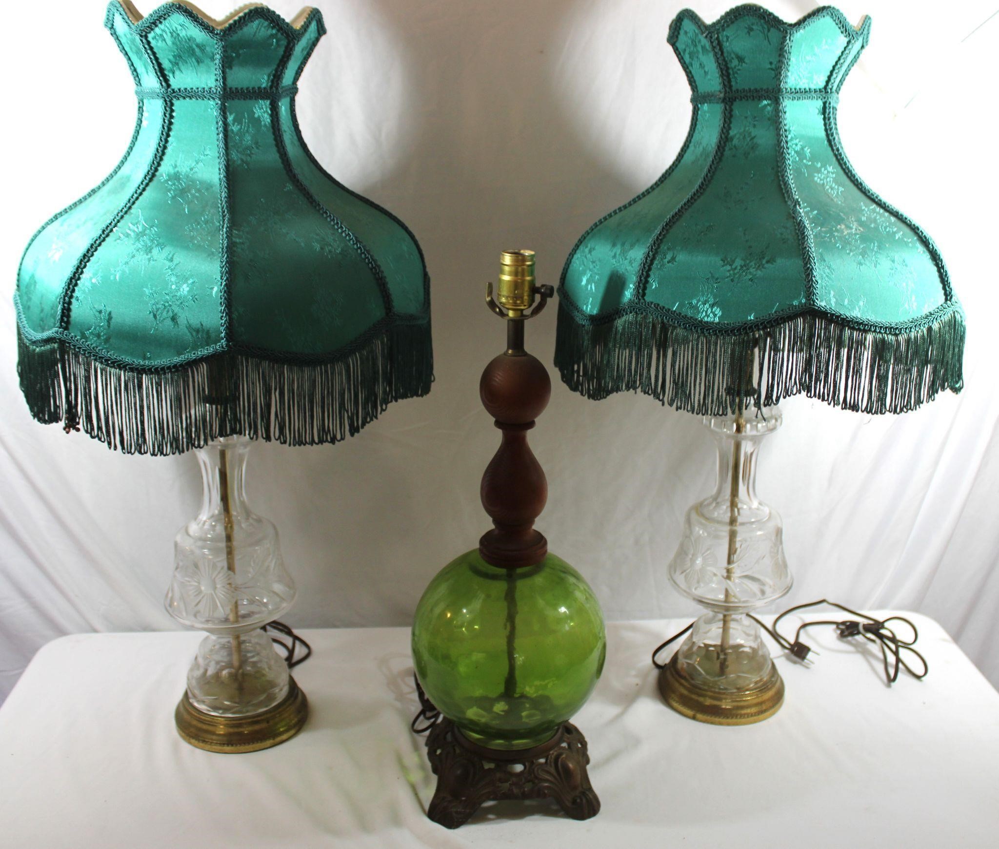 Pr. "Downton Abbey" Fringed Emerald Shade Lamps+