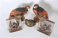 Quail Bookends, Brass & Ceramic Figurines