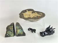 Obsidian Dragon Skull, Cougar & Rock Specimens