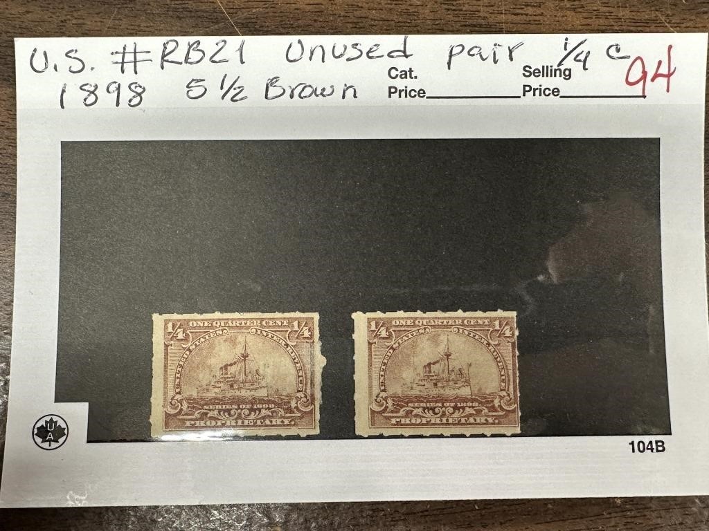 RB21 UNUSED PAIR 1/4C 1898 BROWN STAMPS