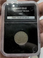 1883 Liberty Nickel coin slabbed. First year of