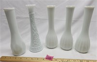 5 Milk Glass Bud Vases, 3 Vtg CLG Co., Anchor Hock