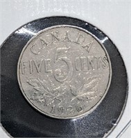 1926 Canadian 5-Cent Nickel Coin - FAR 6 VARIATION