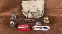 WW2 bag,ford wrench,bell,pens, magnifier lot