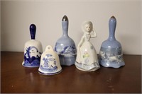 5 Pcs  Blue & White Porcelain Bells