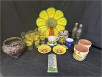 SUNFLOWER GLASSES, FLOWER POTS, THERMOMETER