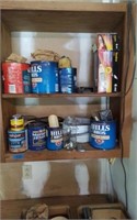 Contents of 2 shelves, cans of nail etc