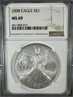 2008 Silver Eagle NGC MS69