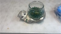 Ceramic Cat with Fish Bowl full of Marbles