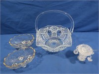 Cut Glass Basket, 2 Gold Rimmed Bowls