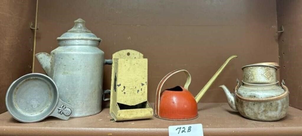 Tin Watering Can, Tin Match Safe & Tea/Coffee Pots