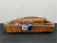 "Glasbake" 2 baking dishes with wicker carriers