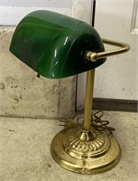 Green Glass Shade Brass Base Bankers Lamp, 15in