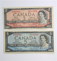 (2) 1954 CANADIAN BILLS: $2 & $5