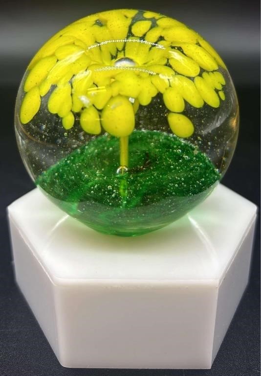 Signed Joe St Clair Yellow Art Glass Paperweight