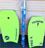 2 GREEN WAKE BOARDS AND COLORFUL BEACH UMBRELLA