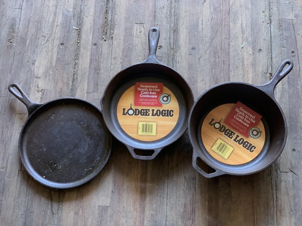 3 Lodge cast iron pans, 2 are still brand new, all