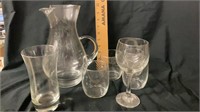 Clear Glass Pitcher and Assorted Glasses (4