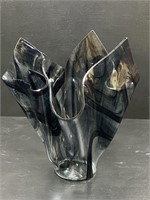 Murano Style Art Glass Black/Clear Swirl Vase