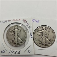 1936 D  & 1945 WALKING LIBERTY HALF DOLLARS