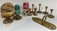 Brass candleholders & misc