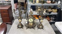 Three Pc. Fraz Hermle Porcelain & Brass Clock Set