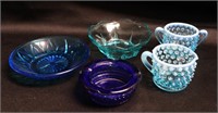 5 Pcs Vntg Blue Glass - 2 Blue Opal Hobnail