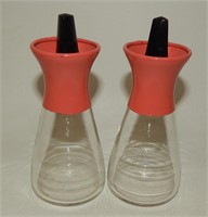 Vintage 1950s Pyrex Glass Shakers with Coral Tops