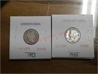 Silver rare 1903 Barber Dime & 1945 Mercury dime.