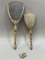 Brass Tone Vanity Hand Mirror & Brush