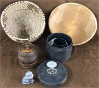 Wooden bowl,woven basket,collar box,lead cat lot