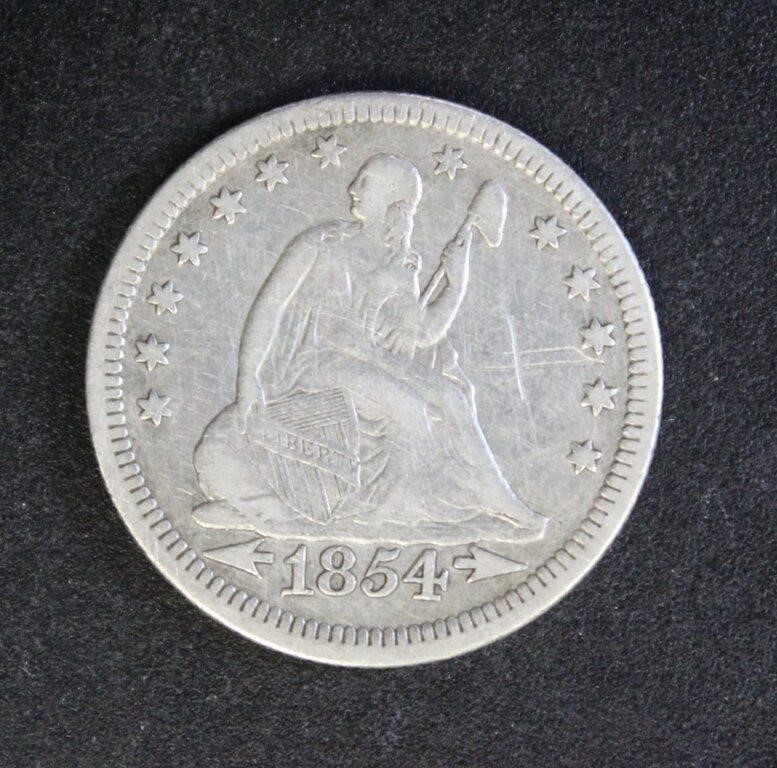 US Coins 1854 Seated Liberty Quarter, circulated