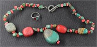 Vintage Turquoise Coral Ring & Necklace