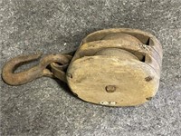 Vintage Primitive Wood/Cast Iron Double Pulley