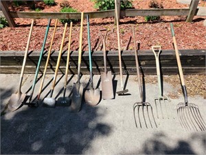 Assortment of Yard Tools with Hay Rakes