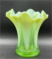 Two Toned Green & White Ribbed Ruffled Vase