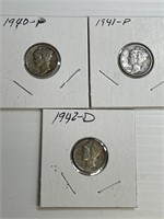 1940-P, 1941-P, 1942-D Mercury Dimes