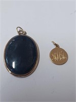 Large Black Agate Pendant, Goldtone Pendant w/