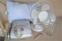 Vase, Fullsize Bed Spread, Fan, Pastry Tools