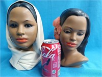 2 Marwal Mid-Century Chalkware Bust of Women 9" &