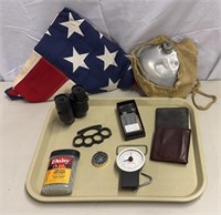 Binoculars, American flag, Compass, BB, Flask and