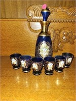 Vintage Blue Glass Decanter with 6 Glasses