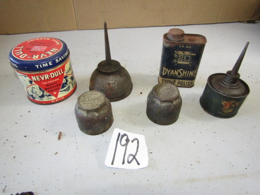MAYTAG OIL CAN, FORD OIL CAN, FORD CAPS, ADV. TINS