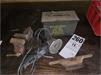 Bench Vise, Angle Grinder, Ammo Box, Draw Knife