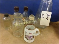 miscellaneous glassware lot w/ Log Cabin syrup