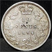1874 H Canada Silver 10 Cents Dime, High Grade