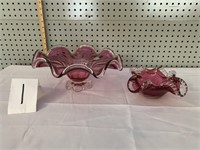 CRANBERRY GLASS DISH AND VASE