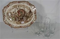 Johnson Bros. Turkey Platter and Glass Pitcher and